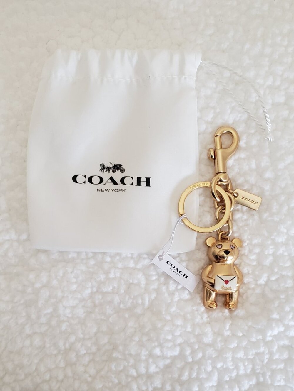 COACH 3D Bear Love Letter Bag Charm Keychain Gold Heart NWT + Dust Bag